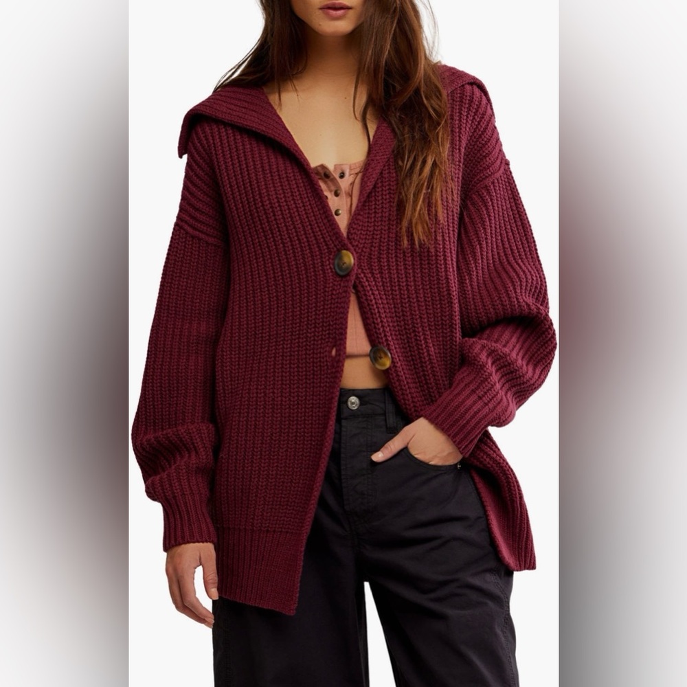 Free People Burgundy Chunky Knit Cardigan